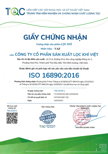 ISO 16890:2016 - Viet Air Filter - Công Ty Cổ Phần Sản Xuất Lọc Khí Việt